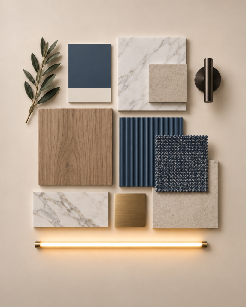 Moodboard azul diamantino, madera clara y piedra.