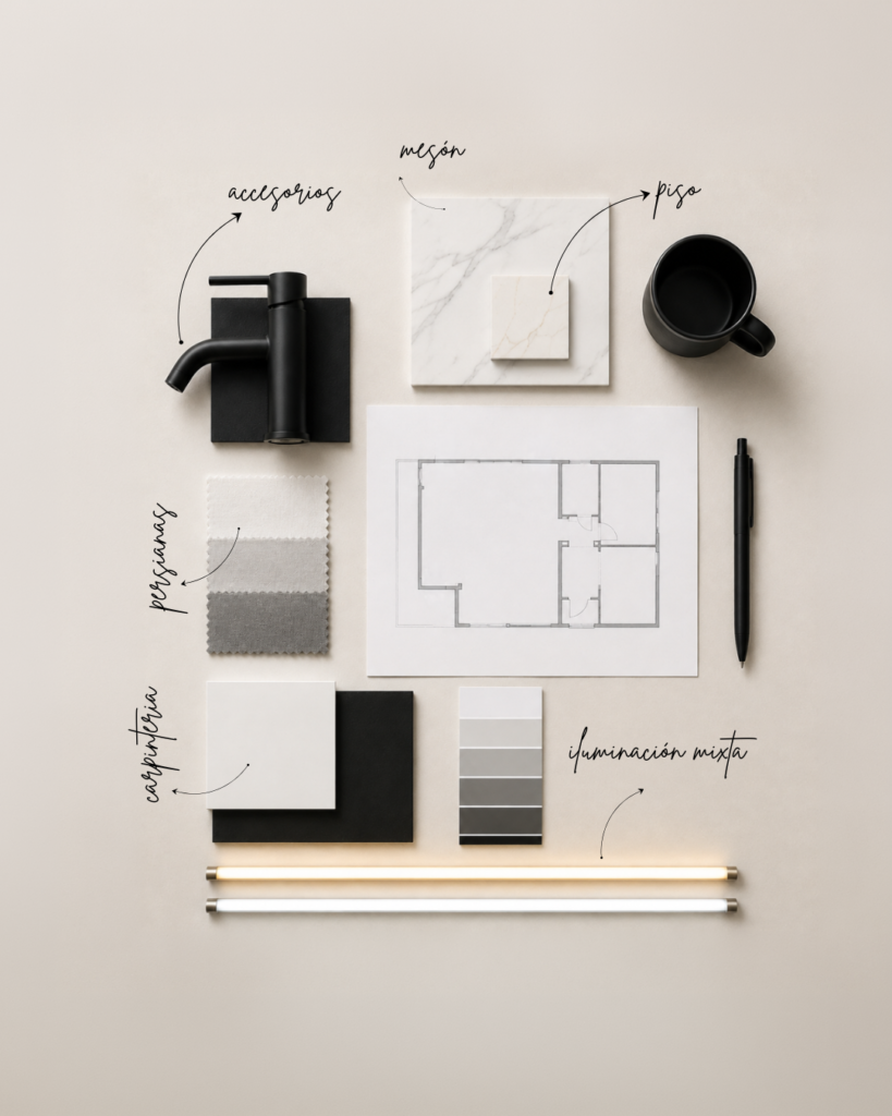 Moodboard blanco, negro y grises minimalista.