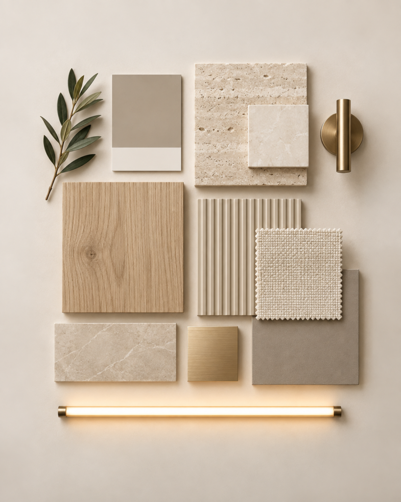 Moodboard de neutros cálidos, madera clara y piedra.