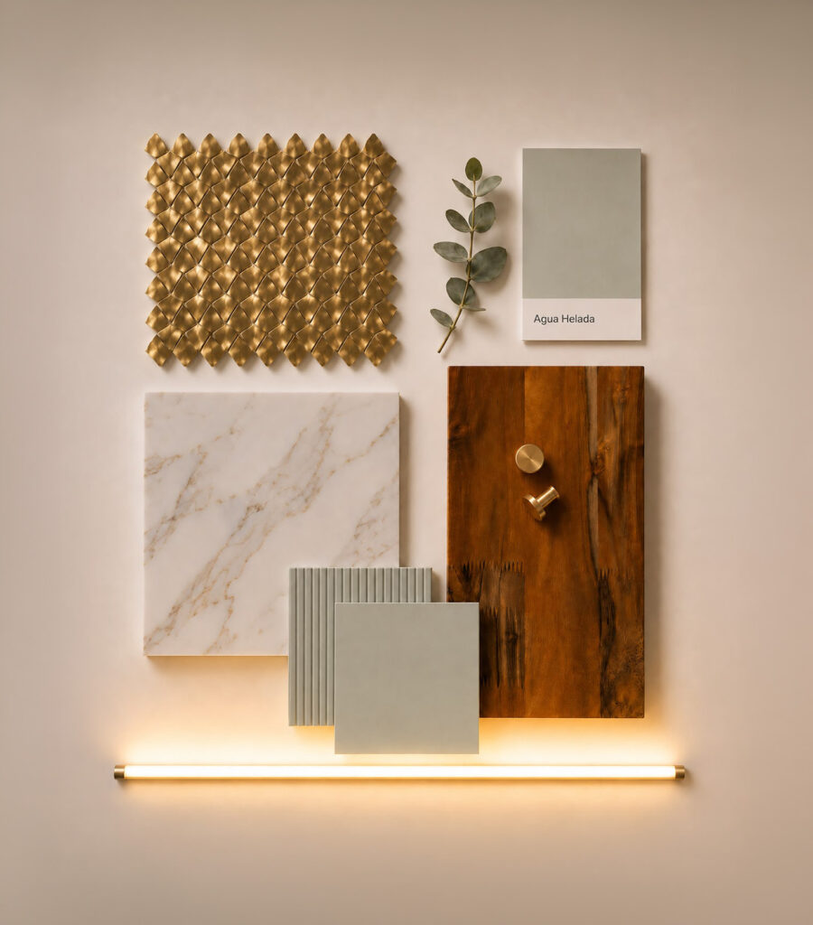 Moodboard verde suave, madera cálida y latón.